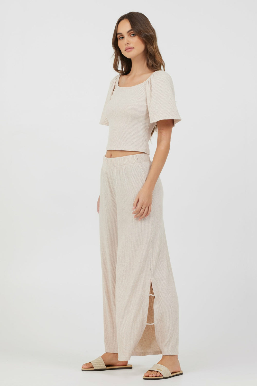 Heather Oatmeal Drapey Knit Cut Out Pants | Vintage Havana Clothing