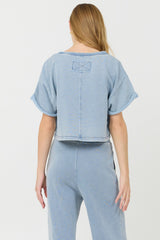 Washed Denim Terry Fleece Cropped Shirt | Vintage Havana Clothing