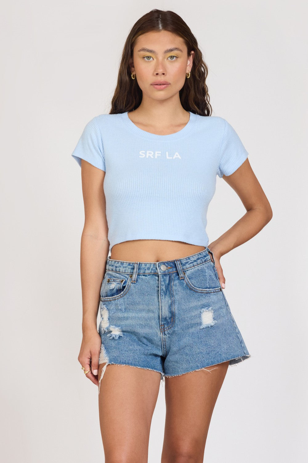 "Surf LA" Surfside Blue Rib Hacci Cropped Tee | Vintage Havana Clothing