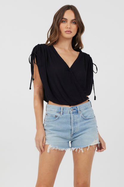 Black Rayon Crinkle Surplice Top | Vintage Havana Women
