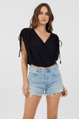 Black Rayon Crinkle Surplice Top | Vintage Havana Clothing