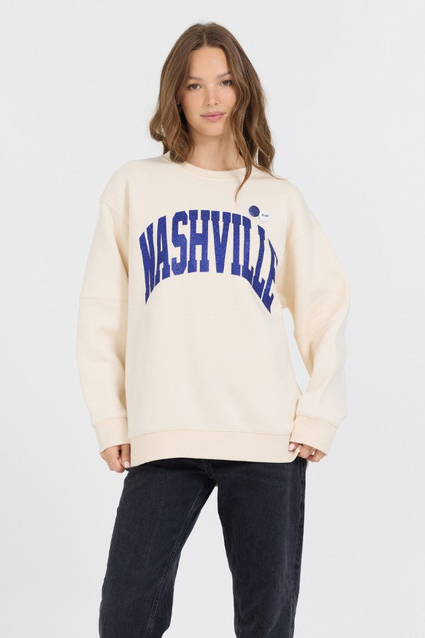 Cream W/ Royal Blue Garment Dye Fleece Crew W/ Glitter Print | Vintage Havana Clothing