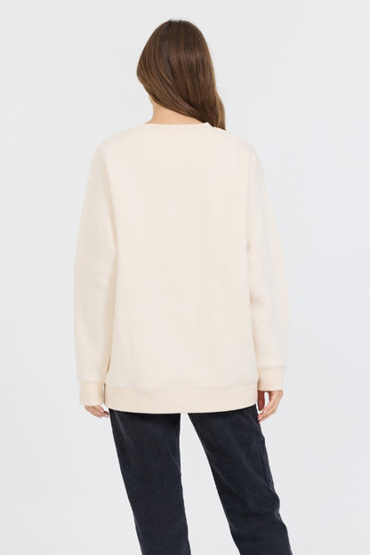 Cream W/ Royal Blue Garment Dye Fleece Crew W/ Glitter Print | Vintage Havana Women