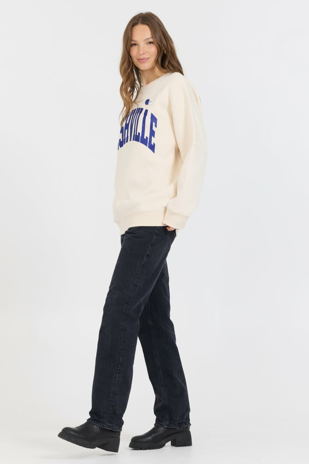 Cream W/ Royal Blue Garment Dye Fleece Crew W/ Glitter Print | Vintage Havana Clothing