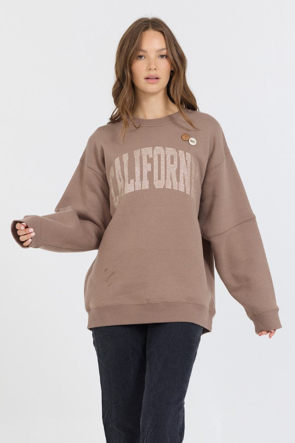 Taupe W/ Rose Gold Garment Dye Fleece Crew W/ Glitter Print | Vintage Havana Clothing