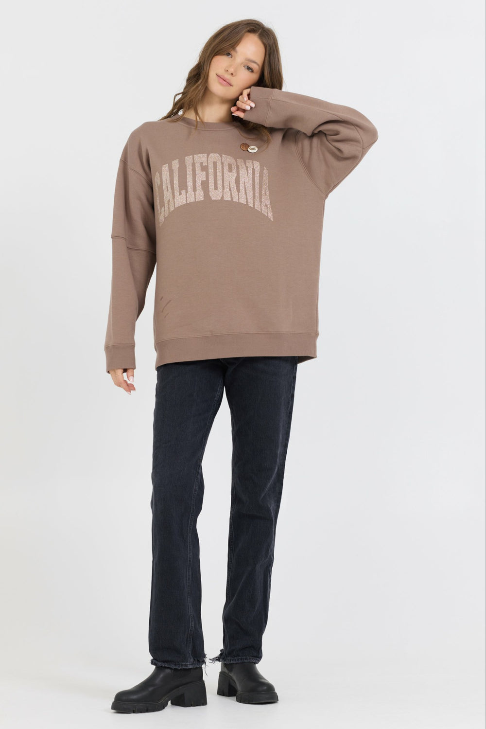 Taupe W/ Rose Gold Garment Dye Fleece Crew W/ Glitter Print | Vintage Havana Clothing