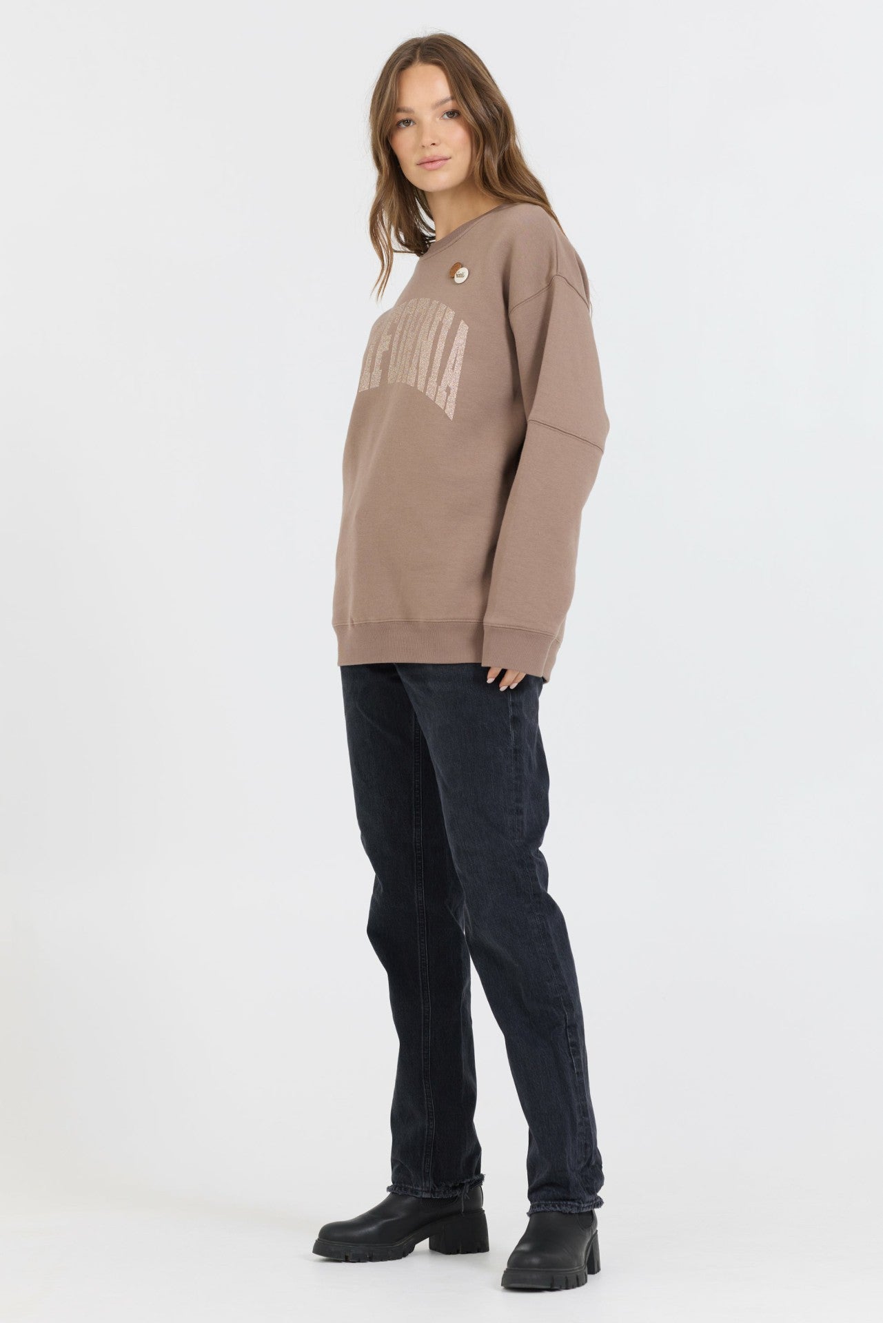Taupe W/ Rose Gold Garment Dye Fleece Crew W/ Glitter Print | Vintage Havana Clothing