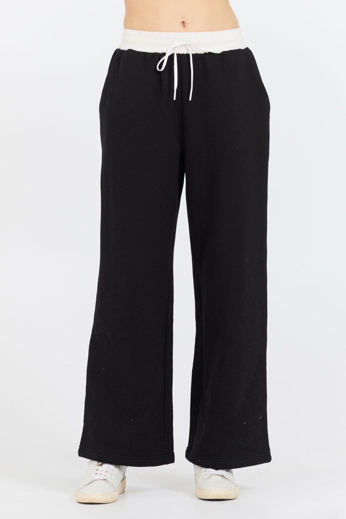 Black/ White Essential Fleece Pant W/ Poplin Waist | Vintage Havana Clothing