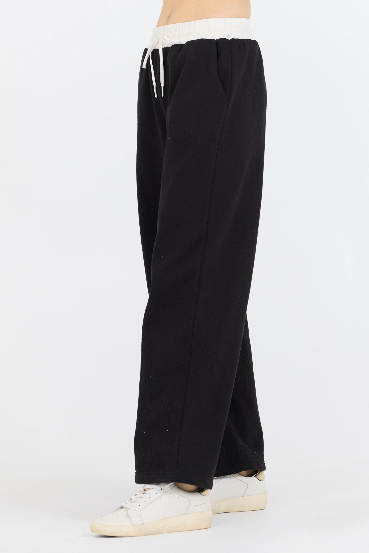 Black/ White Essential Fleece Pant W/ Poplin Waist | Vintage Havana Clothing