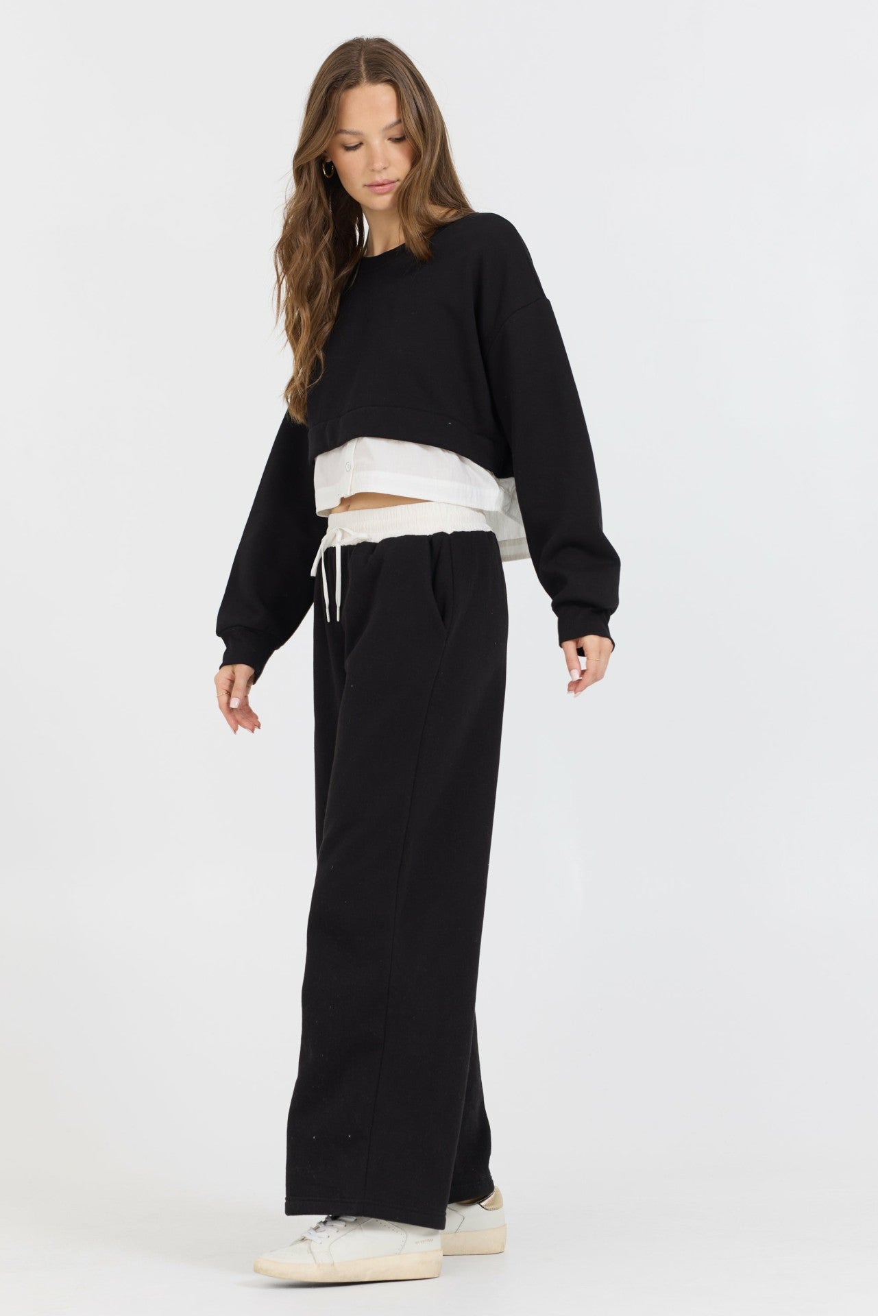 Black/ White Essential Fleece Crewneck W/ Poplin Insert | Vintage Havana Clothing