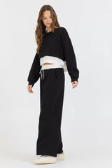 Black/ White Essential Fleece Crewneck W/ Poplin Insert | Vintage Havana Clothing