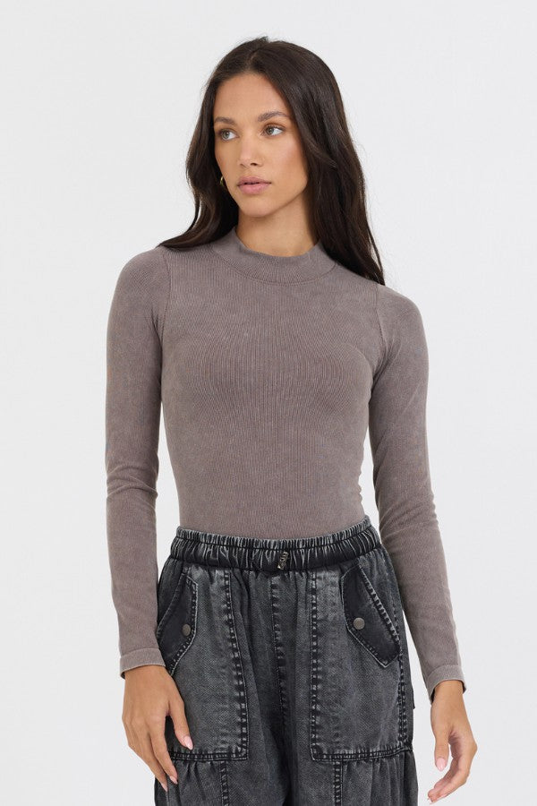 Washed Taupe Seamless Mock Neck Top | Vintage Havana Clothing