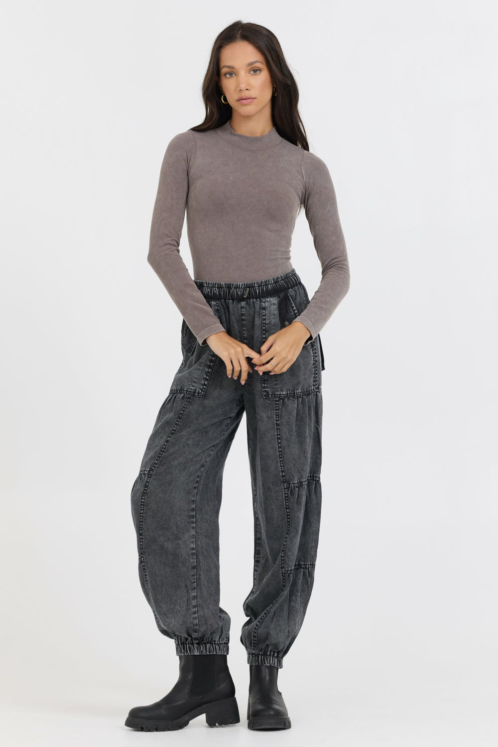 Washed Taupe Seamless Mock Neck Top | Vintage Havana Clothing