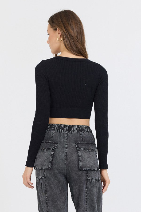Black Seamless Long Sleeve V Neck | Vintage Havana Clothing