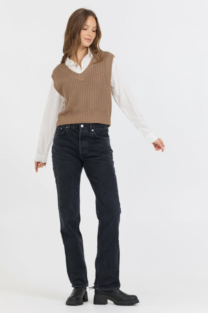 Toffee W/ White Twofer Cropped Sweater Vest | Vintage Havana Women