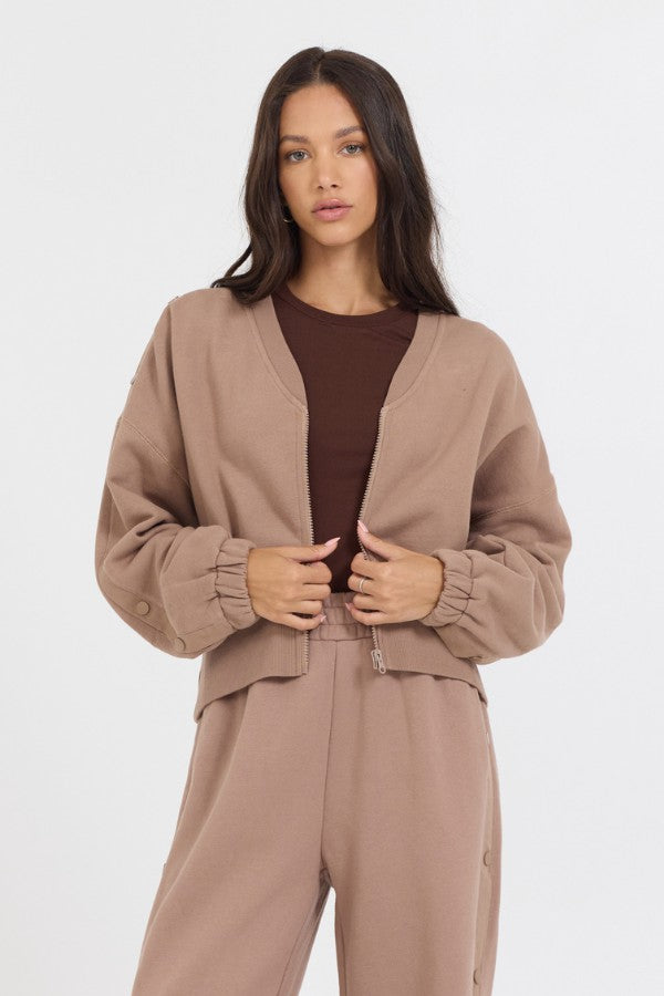 Caramel Latte Brushed Fleece Zip Up W/ Snap Sleeves | Vintage Havana Clothing