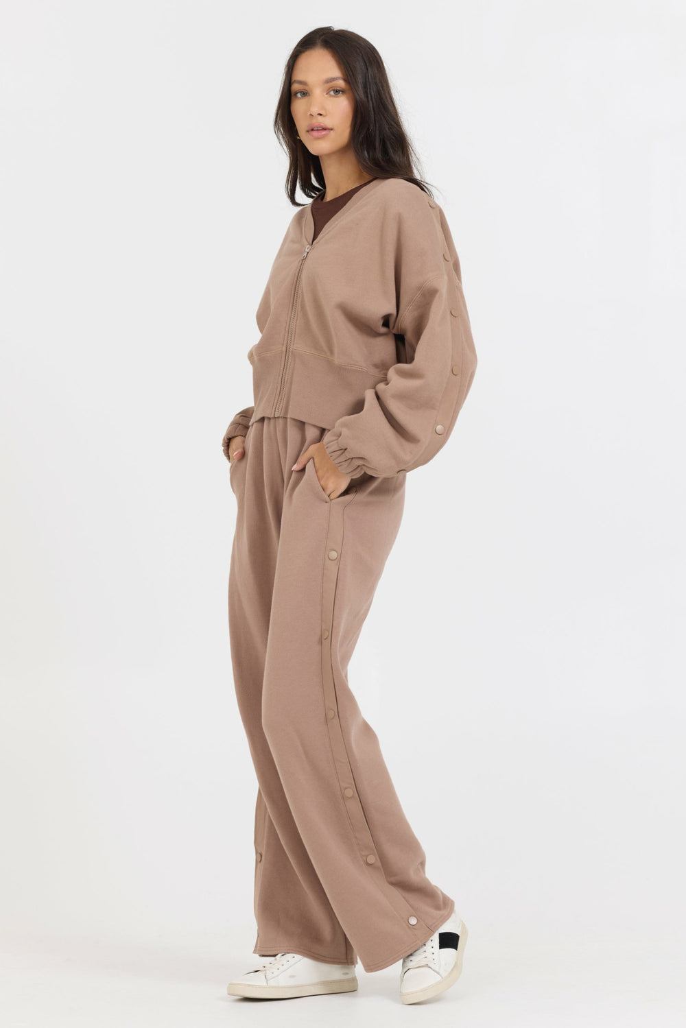 Caramel Latte Brushed Fleece Zip Up W/ Snap Sleeves | Vintage Havana Clothing