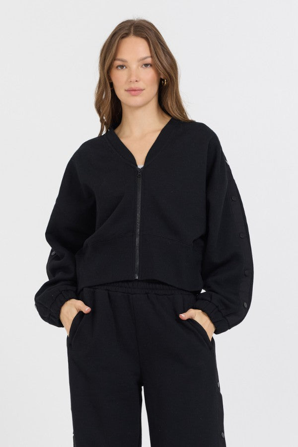 Black Brushed Fleece Zip Up W/ Snap Sleeves | Vintage Havana Clothing