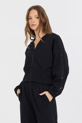 Black Brushed Fleece Zip Up W/ Snap Sleeves | Vintage Havana Clothing