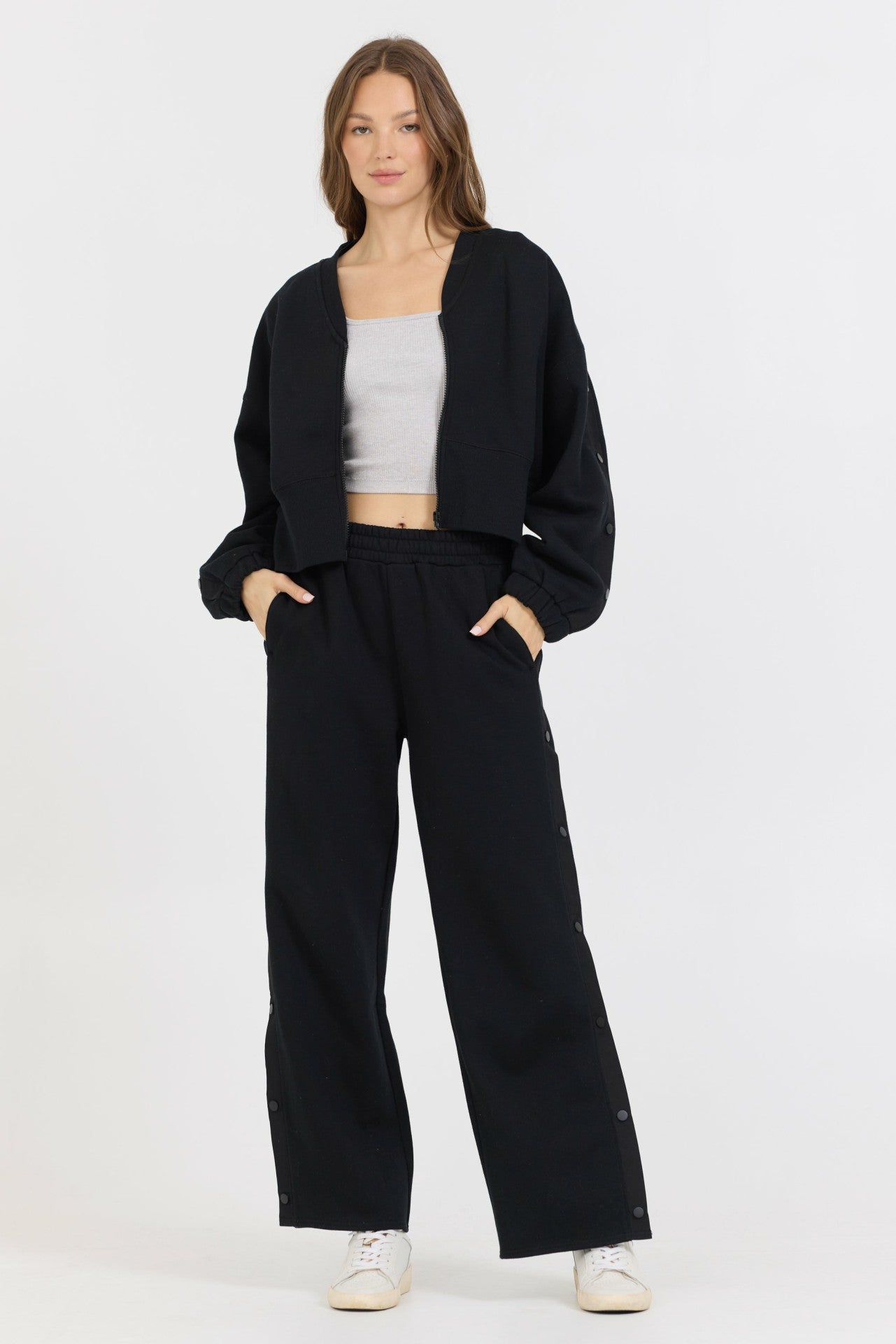 Black Brushed Fleece Zip Up W/ Snap Sleeves | Vintage Havana Clothing