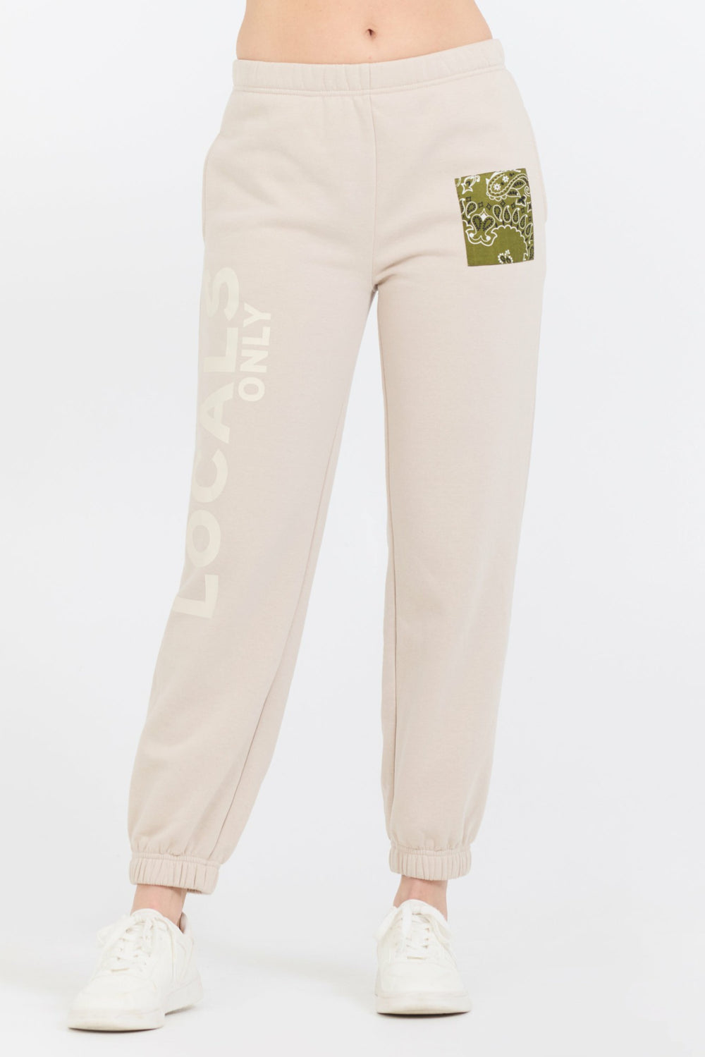Neutral Taupe/ Olive/ Tan Bandana Patch Jogger | Vintage Havana Clothing