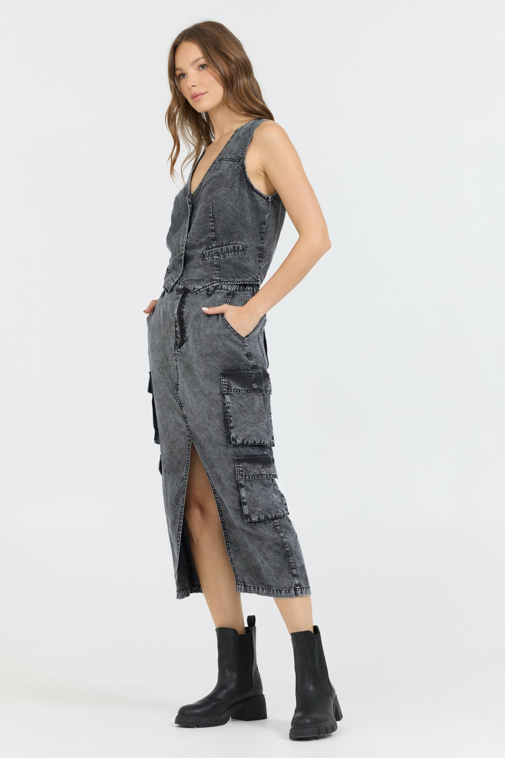 Washed Black Twill Button Front Vest Top | Vintage Havana Clothing