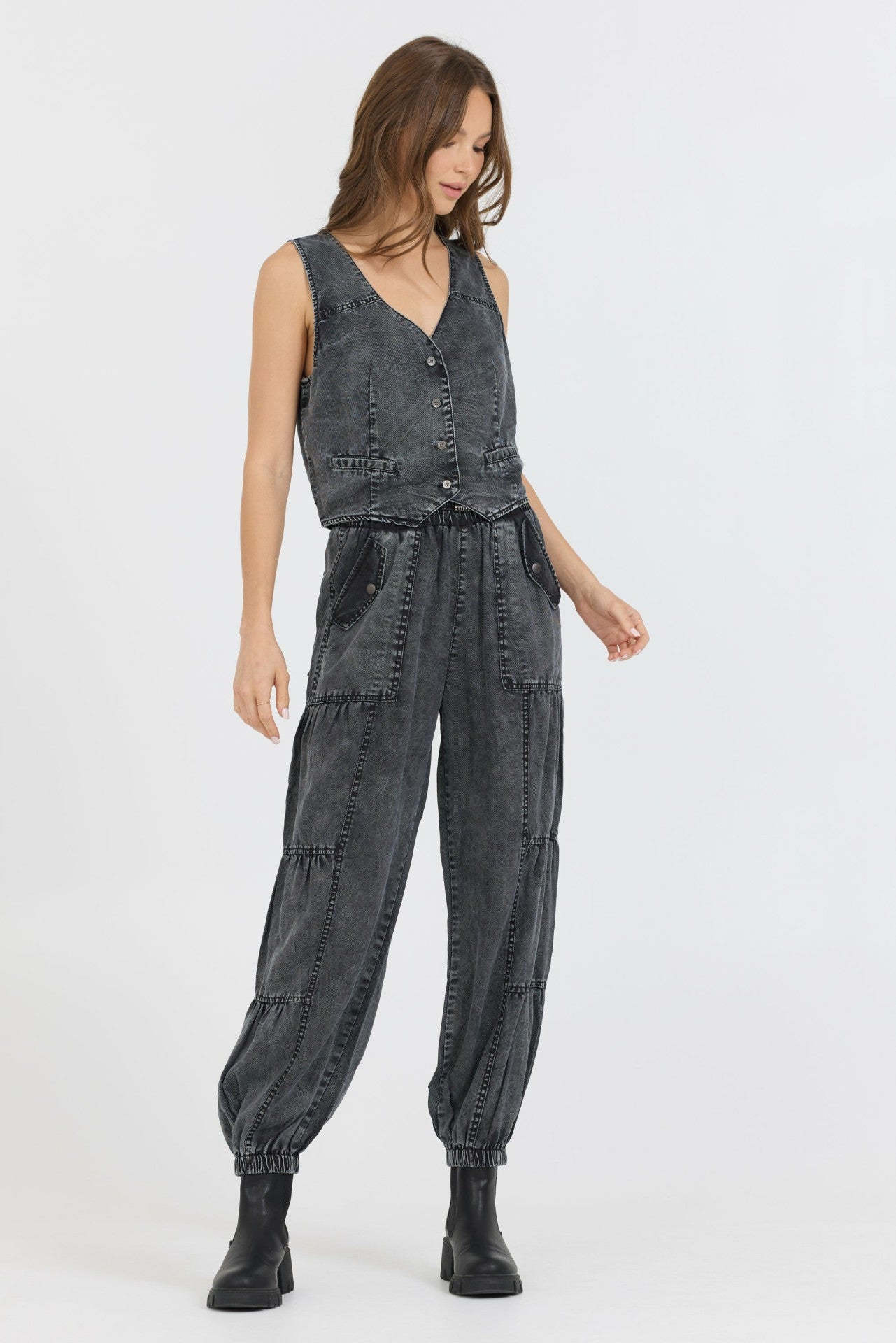 Washed Black Twill Button Front Vest Top | Vintage Havana Clothing