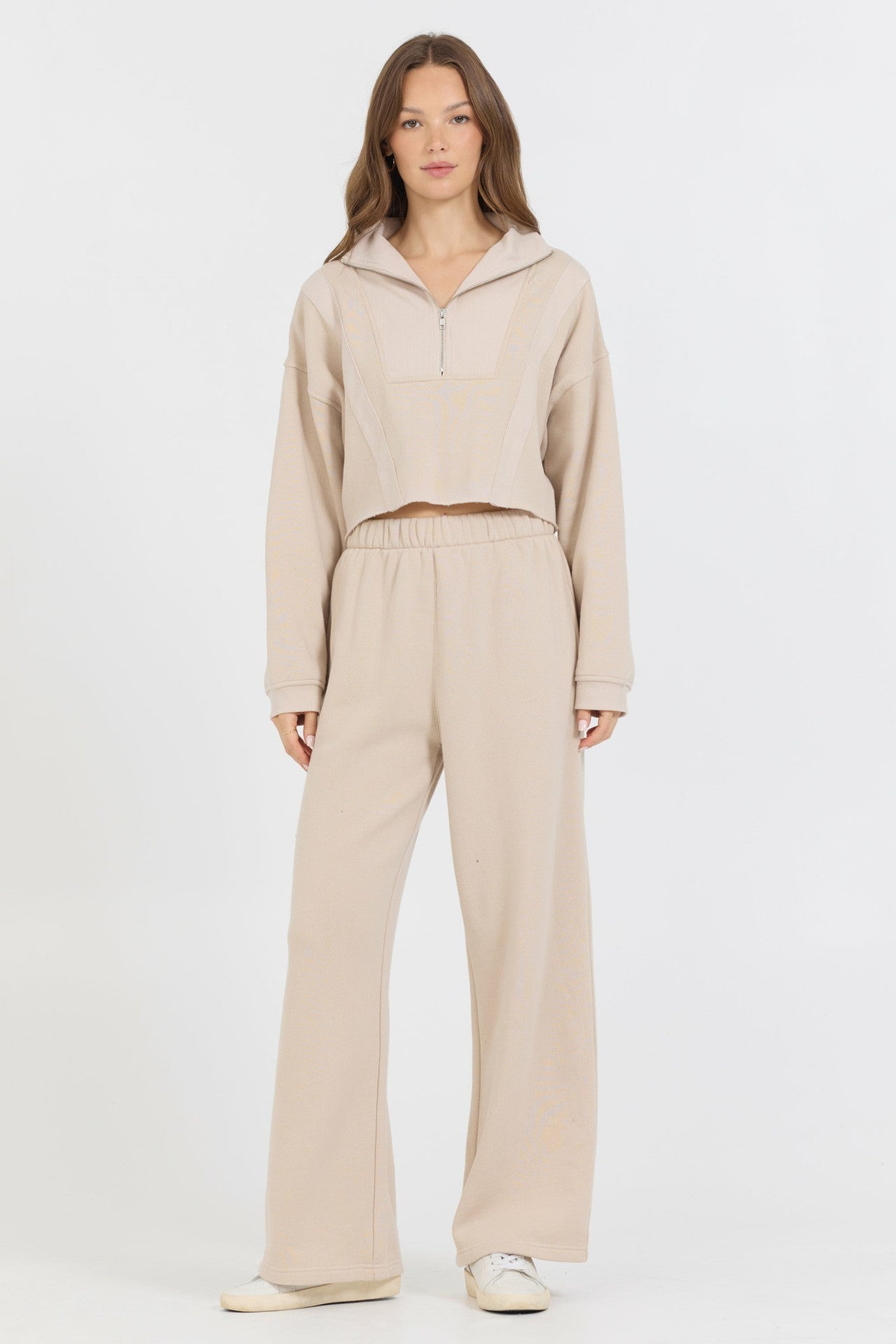 Vanilla Cream Cotton Blend Fleece Wide Leg Pant | Vintage Havana Clothing