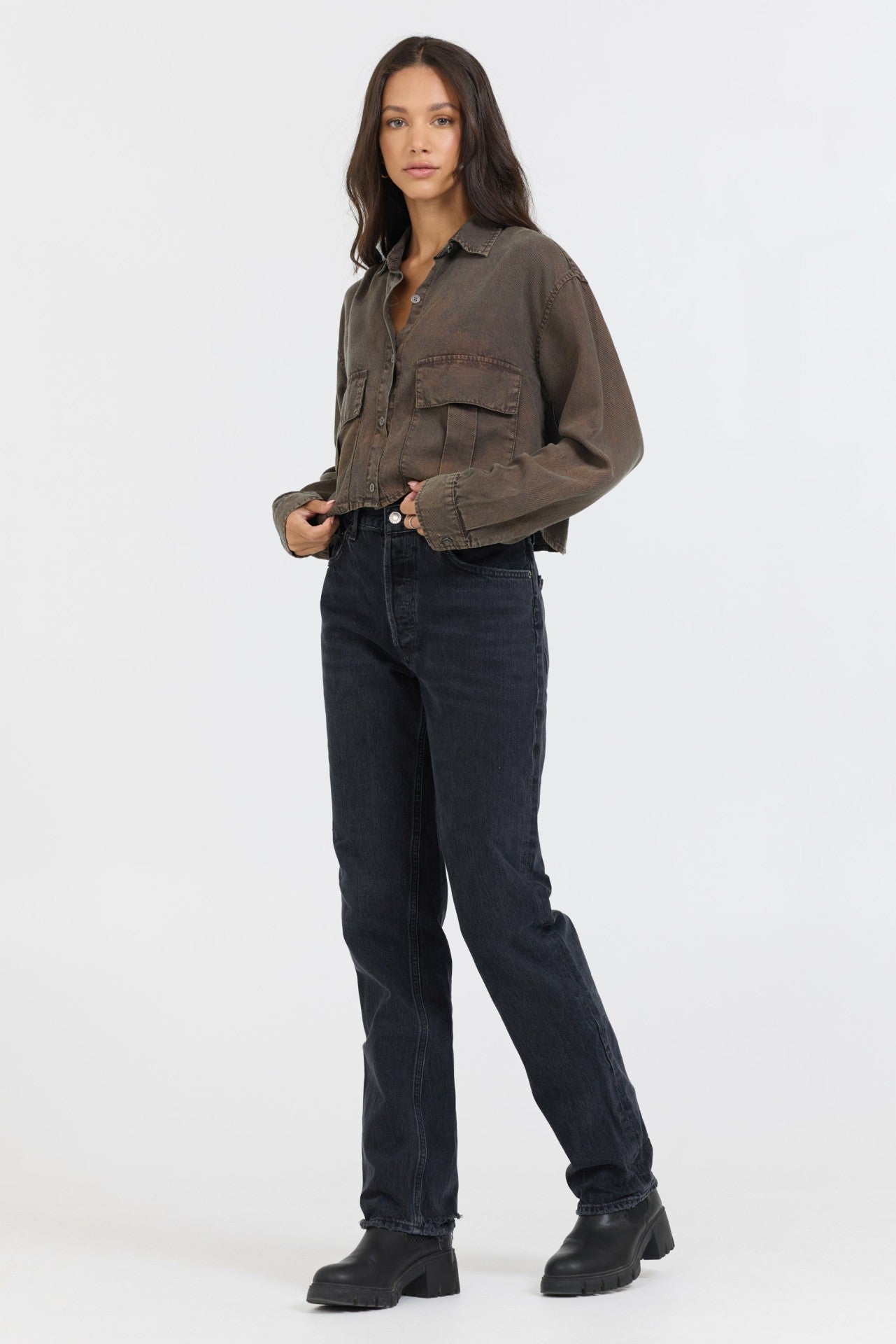 Brown Cropped Pocket Detail Shirt | Vintage Havana Clothing
