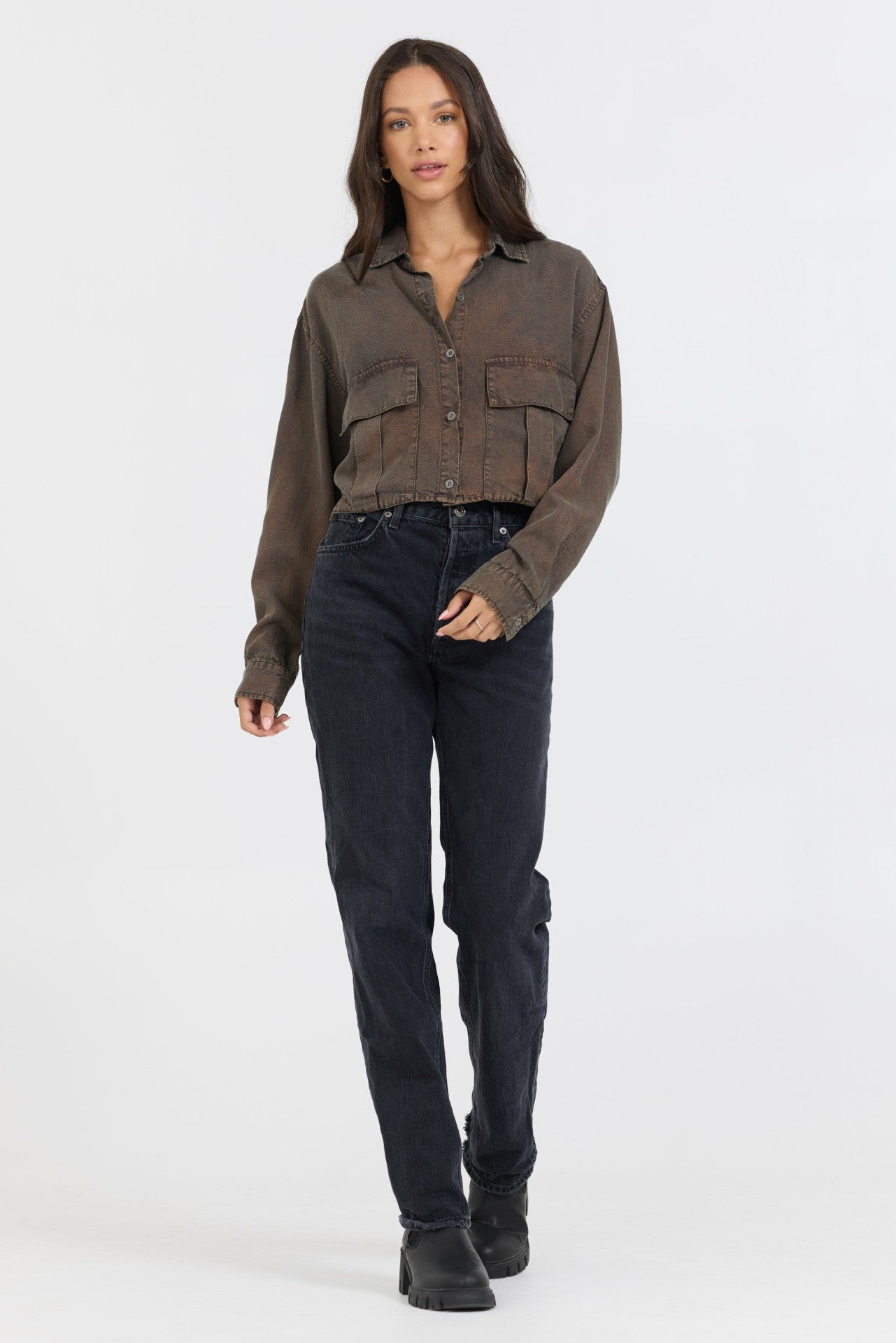 Brown Cropped Pocket Detail Shirt | Vintage Havana Clothing