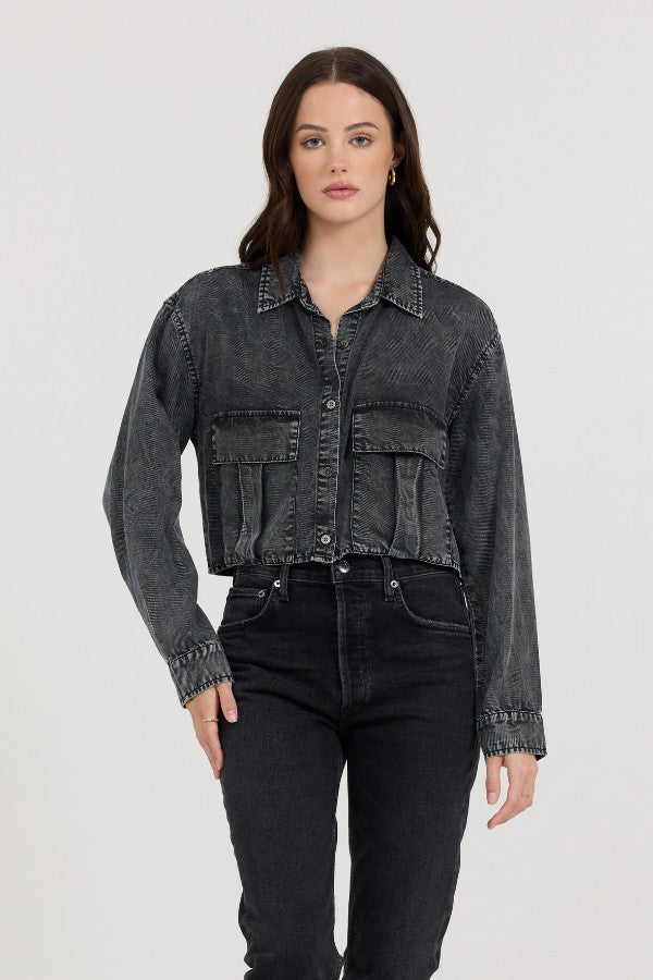 Washed Black Cropped Pocket Detail Shirt | Vintage Havana Clothing