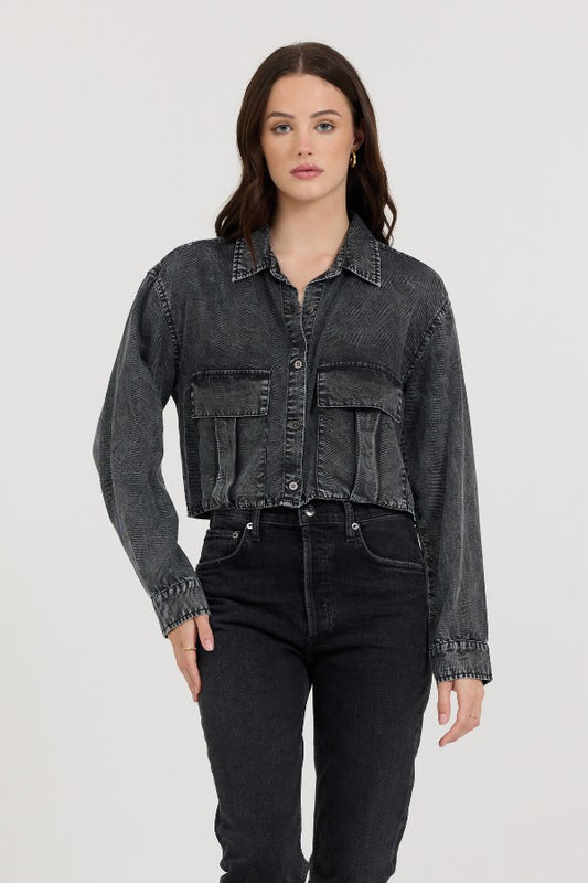 Washed Black Cropped Pocket Detail Shirt | Vintage Havana Women