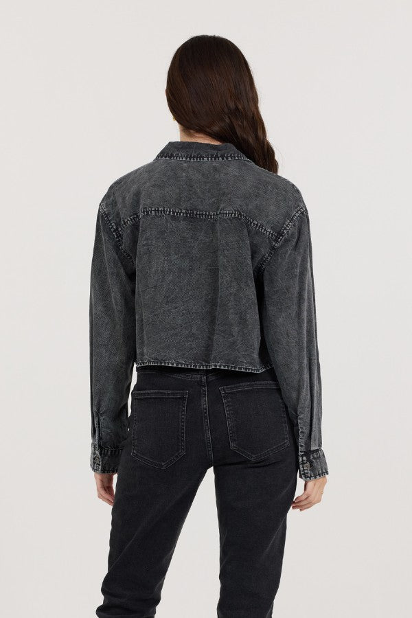 Washed Black Cropped Pocket Detail Shirt | Vintage Havana Clothing