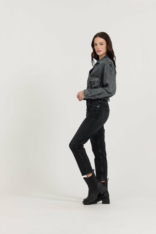 Washed Black Cropped Pocket Detail Shirt | Vintage Havana Clothing