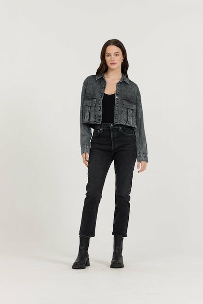 Washed Black Cropped Pocket Detail Shirt | Vintage Havana Women