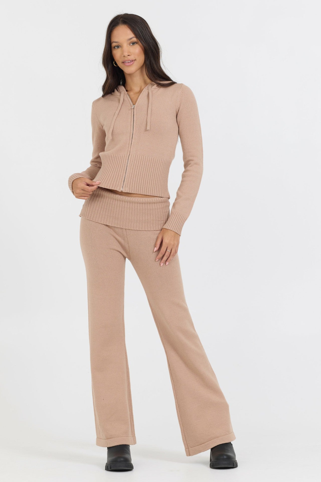 Salted Caramel Slim Fit Knit Fold Over Flare Pant | Vintage Havana Clothing