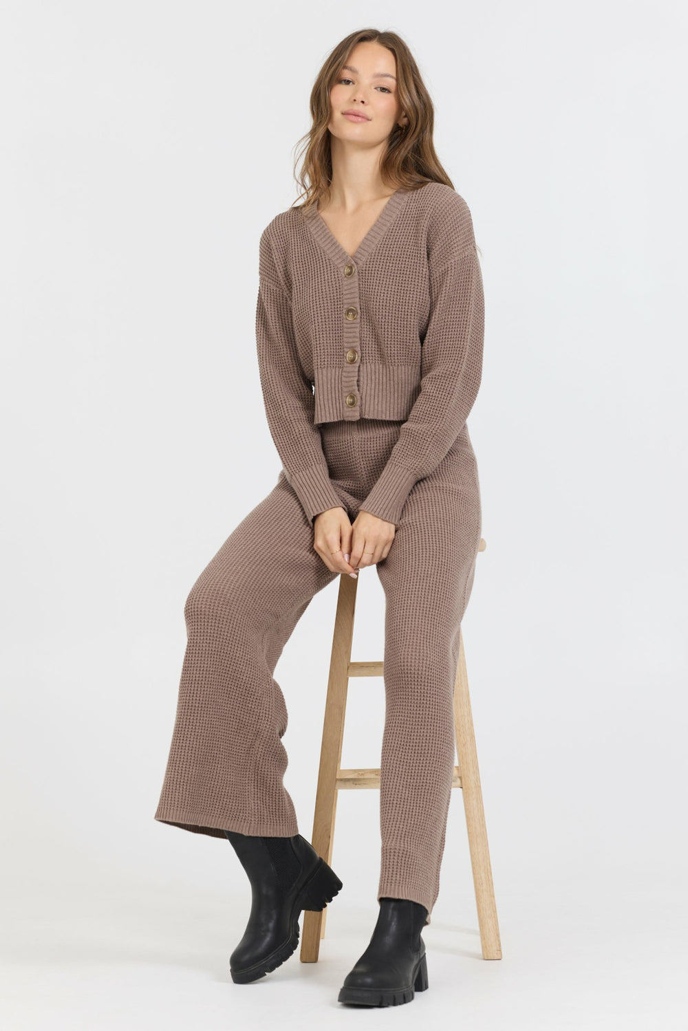 Heather Brown Waffle Knit Flare Pant | Vintage Havana Clothing