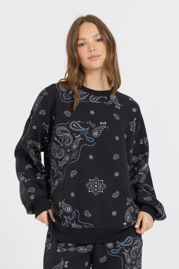 Black Bandana Printed Fleece Crewneck | Vintage Havana Clothing
