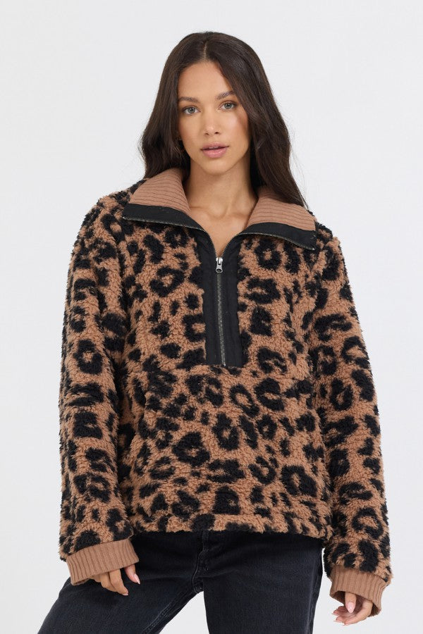 Leopard Print Sherpa Quarter Zip | Vintage Havana Clothing