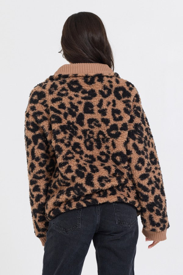 Leopard Print Sherpa Quarter Zip | Vintage Havana Clothing