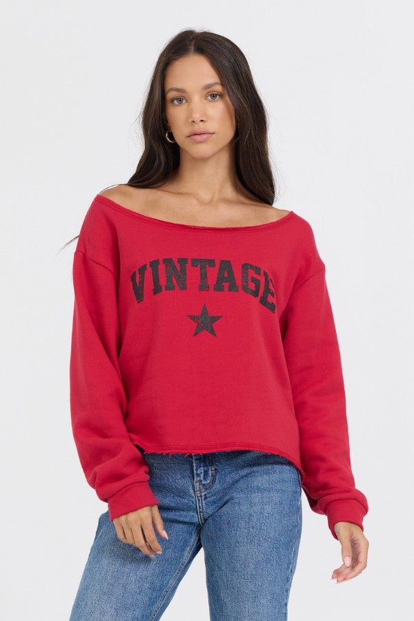 Red Off Shoulder Graphic Top | Vintage Havana Clothing