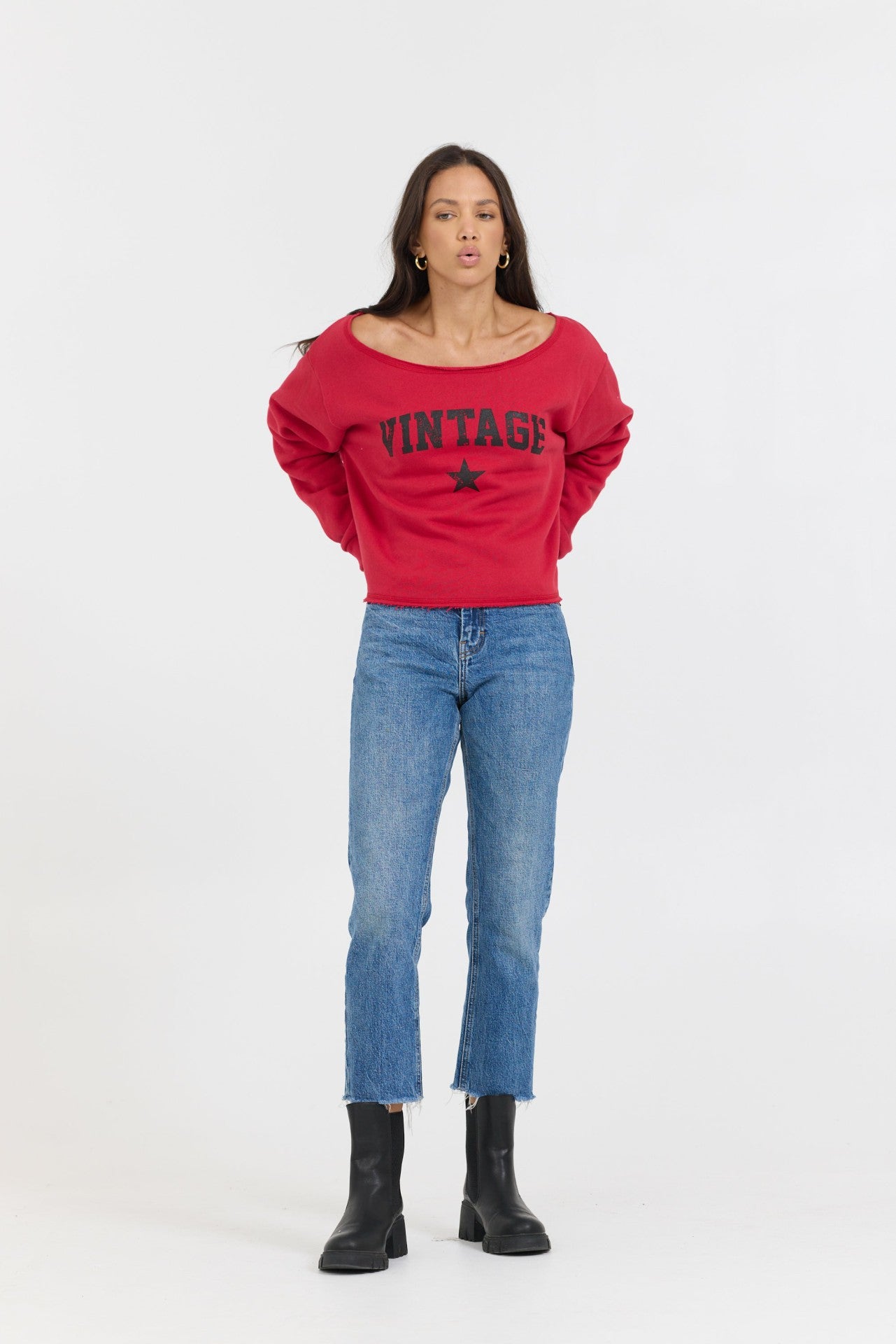 Red Off Shoulder Graphic Top | Vintage Havana Clothing