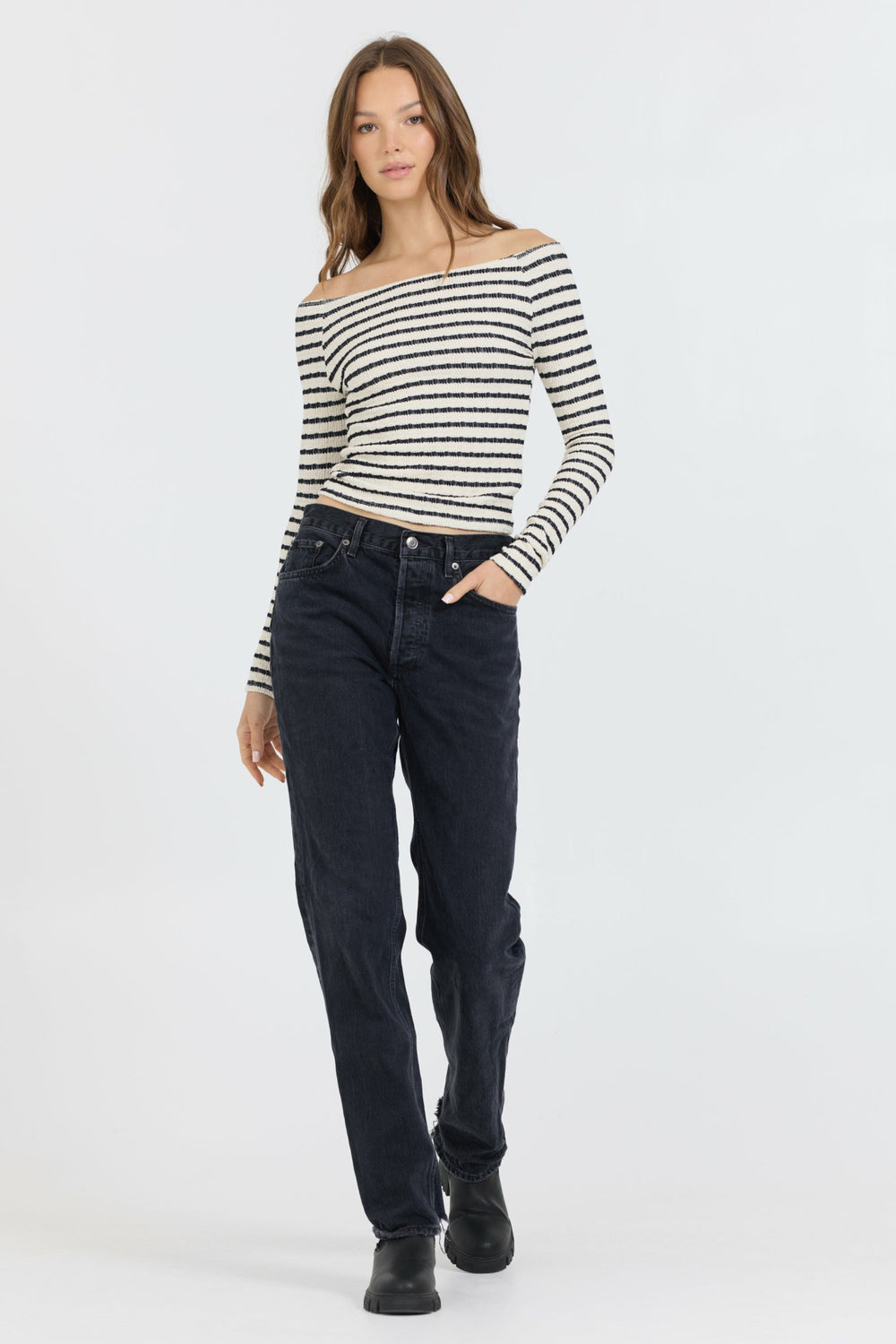 Ivory Black Fitted Off The Shoulder Top | Vintage Havana Clothing