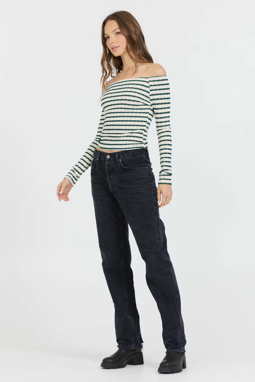 Ivory Green Fitted Off The Shoulder Top | Vintage Havana Clothing