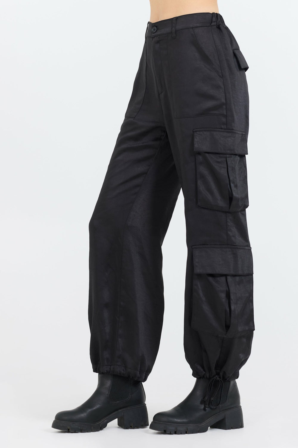 Black Heavy Satin Cargo Pants | Vintage Havana Clothing