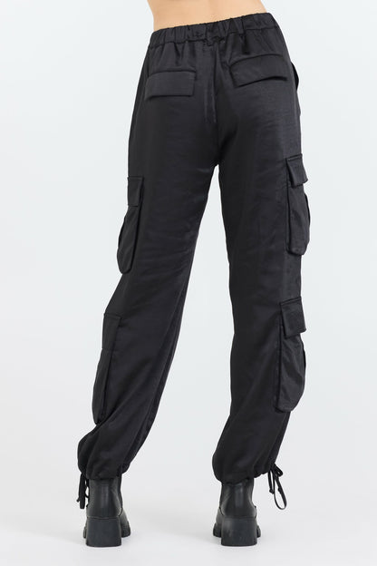 Black Heavy Satin Cargo Pants | Vintage Havana Women