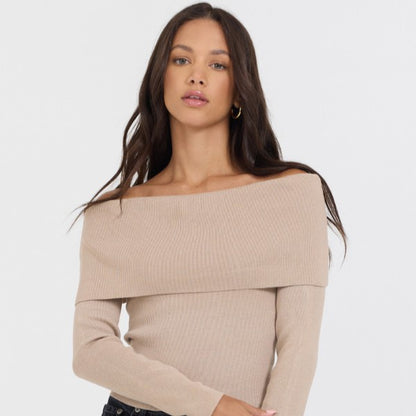 Heather Oatmeal Off Shoulder Sweater | Vintage Havana Women