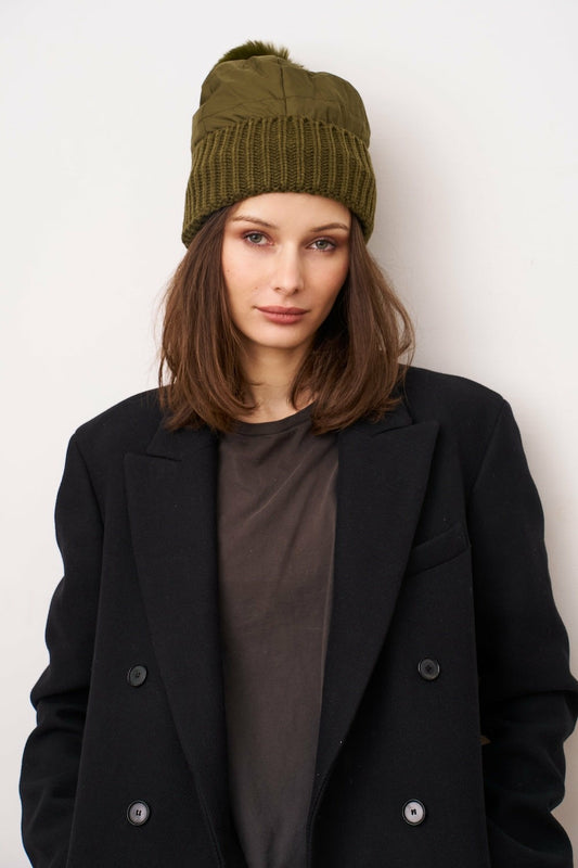 PUFFER POMPOM HAT - OLIVE | Vintage Havana Women