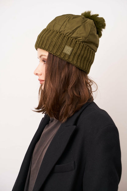 PUFFER POMPOM HAT - OLIVE | Vintage Havana Women
