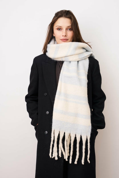 STRIPE BRUSH TASSEL SCARF - BLUE | Vintage Havana Women